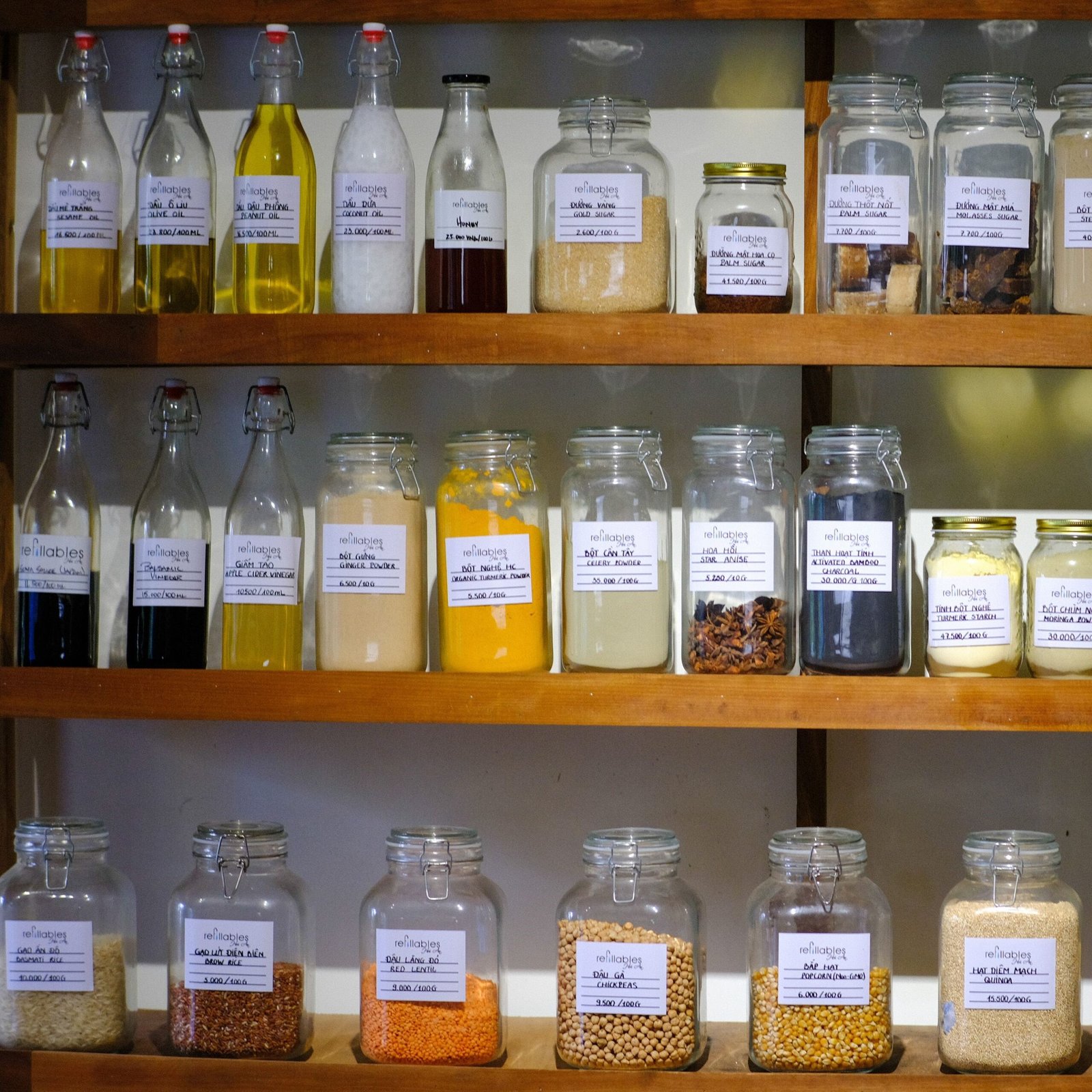 Pantry goods including oils, grains and baking mixes
